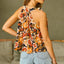 Orange Floral Print Knotted Halter Neck Sleeveless Top