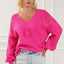 Rose Red Pearl Embellished Fuzzy Hearts V Neck Sweater