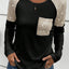 Black Sequin Patch Chest Pocket Raglan Sleeve Top