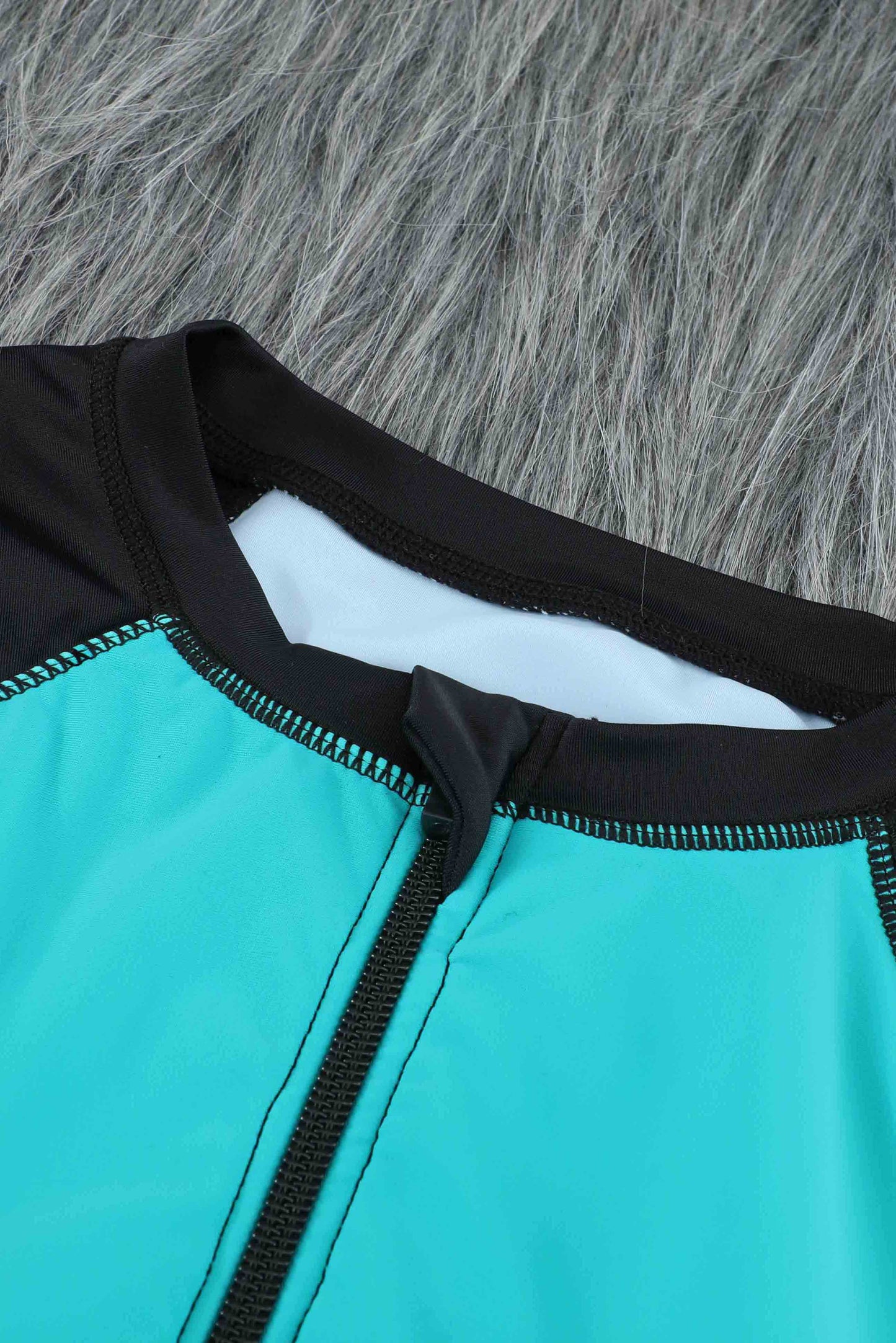 Blue Color Block Zipper Long Sleeve Rash Guard One Piece Swimsuit