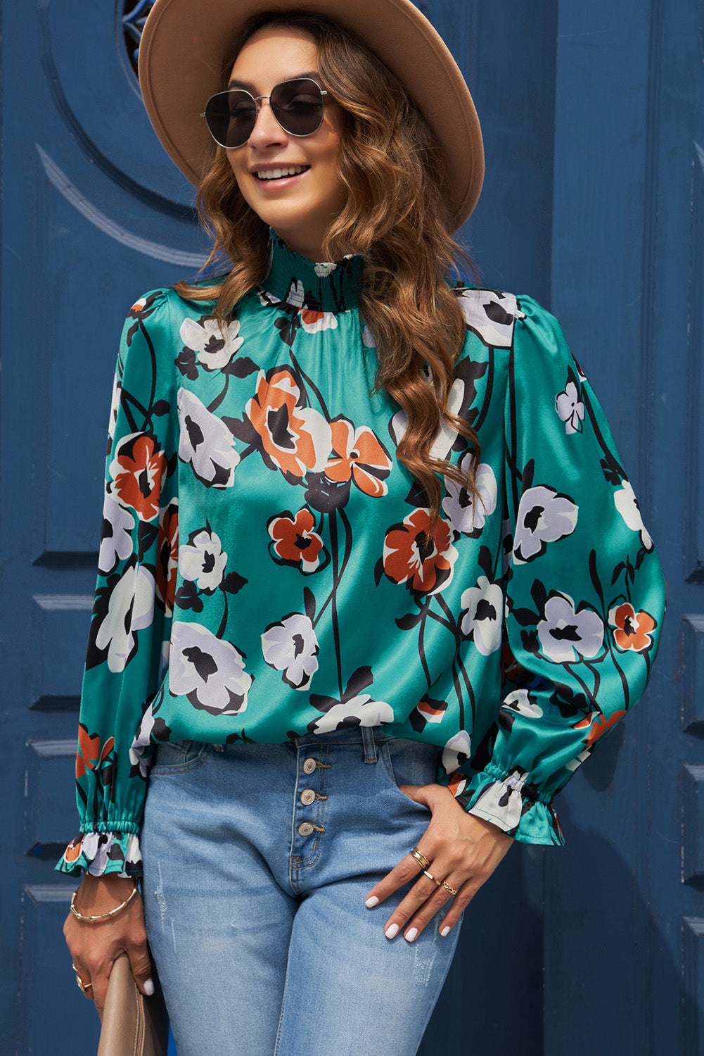 Floral Print Smocked Mock Neck Blouse