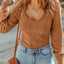 Brown U Neck Textured Long Sleeve Top