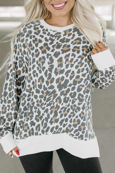 White Printed Solid Trim Leopard Print Top