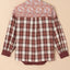 Fiery Red Floral Plaid Mixed Print Bishop Sleeve Patchwork Top