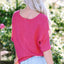 Strawberry Pink Textured Knit Split Neck Cuffed Short Sleeve Top