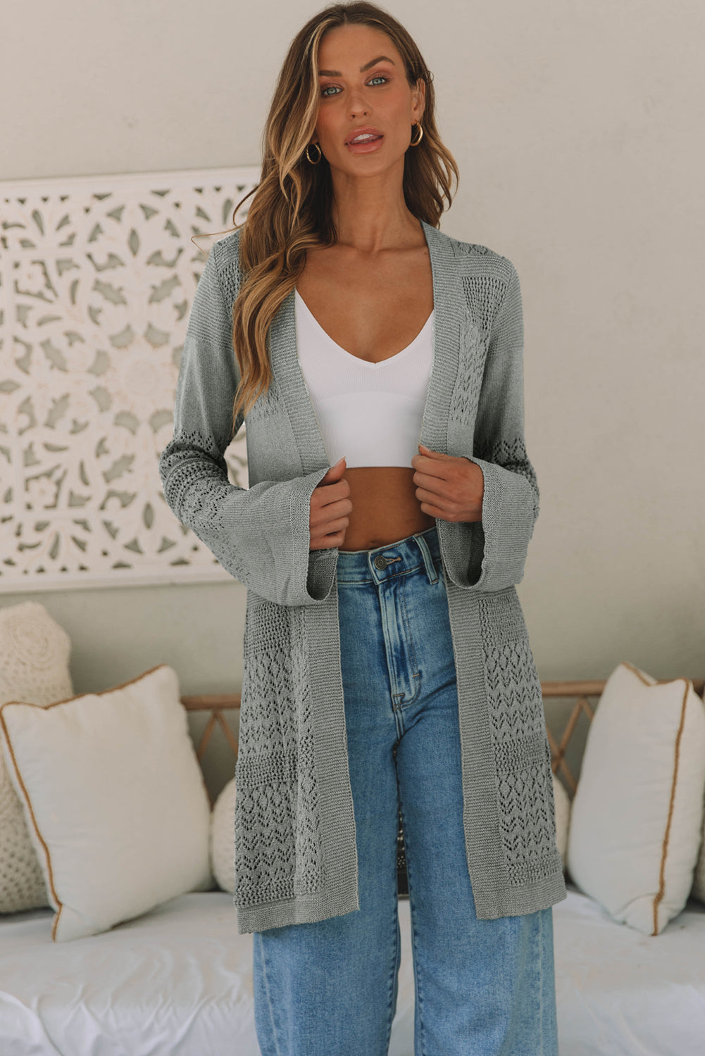 Khaki Pointelle Knit Open Front Cardigan