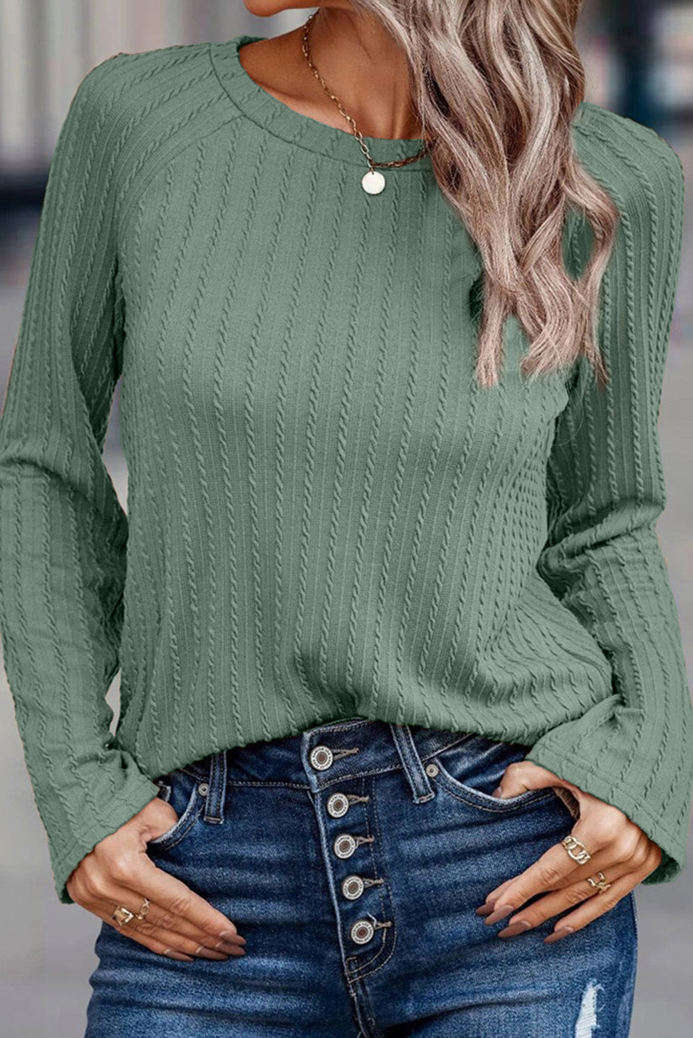 Pink Ribbed Round Neck Knit Long Sleeve Top