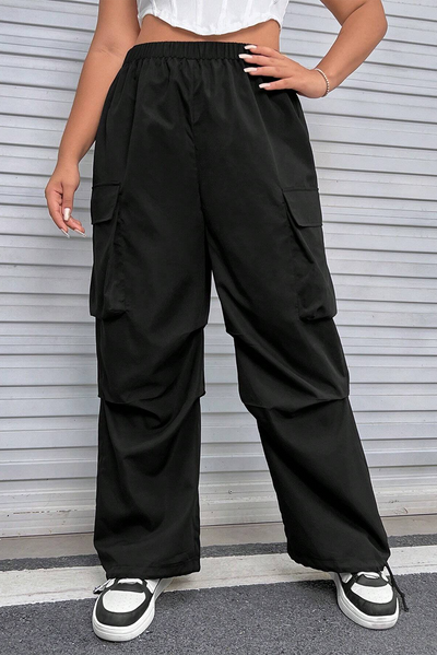 Black Plus Size Flap Pocket Elastic Waist Cargo Pants