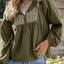 Green Embroidered Split Neck Pleated Loose Blouse