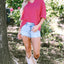 Strawberry Pink Textured Knit Split Neck Cuffed Short Sleeve Top