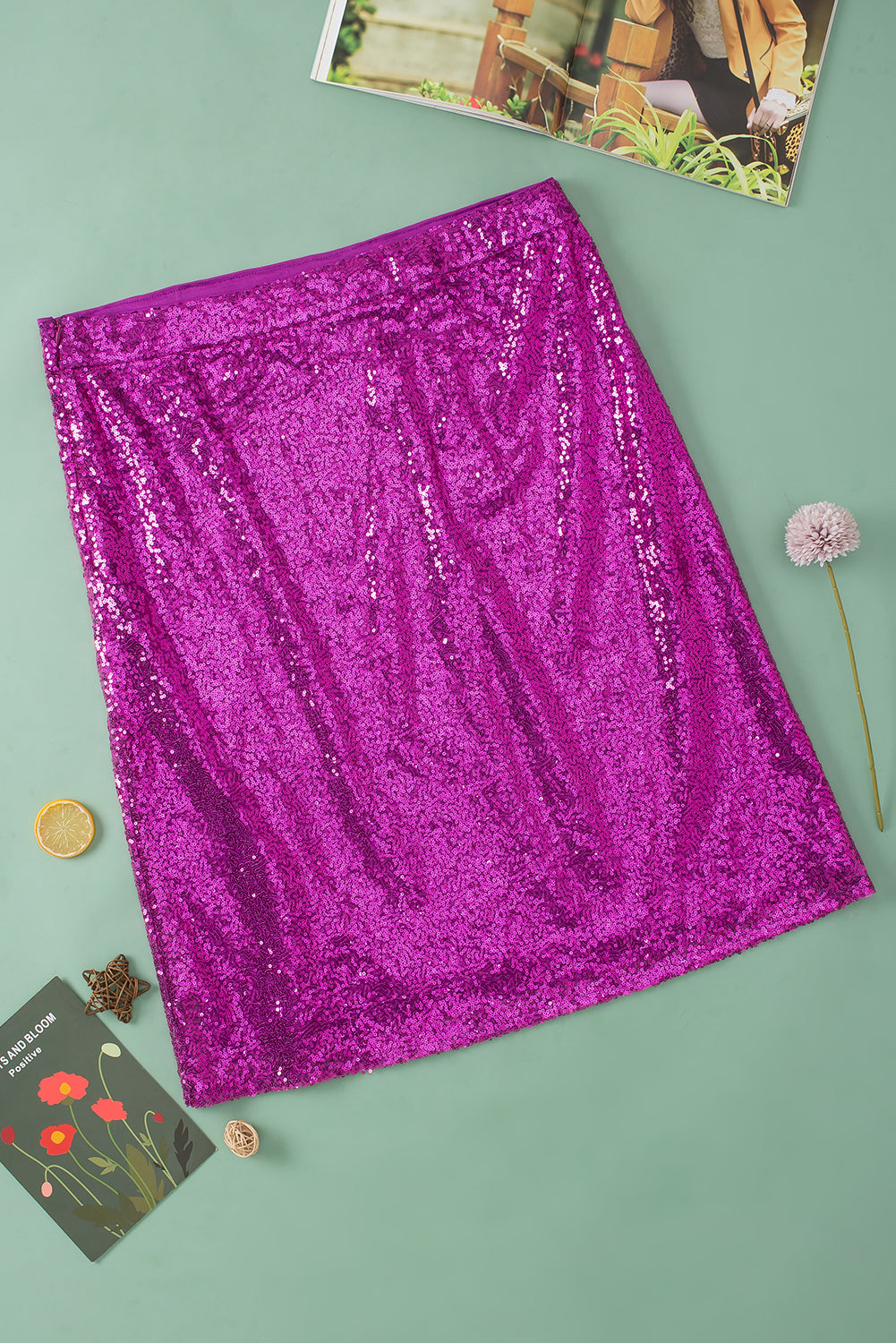 Violet Sequined High Waist Plus Size Midi Skirt