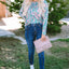 Green Floral Pleated Round Neck Long Sleeve Blouse