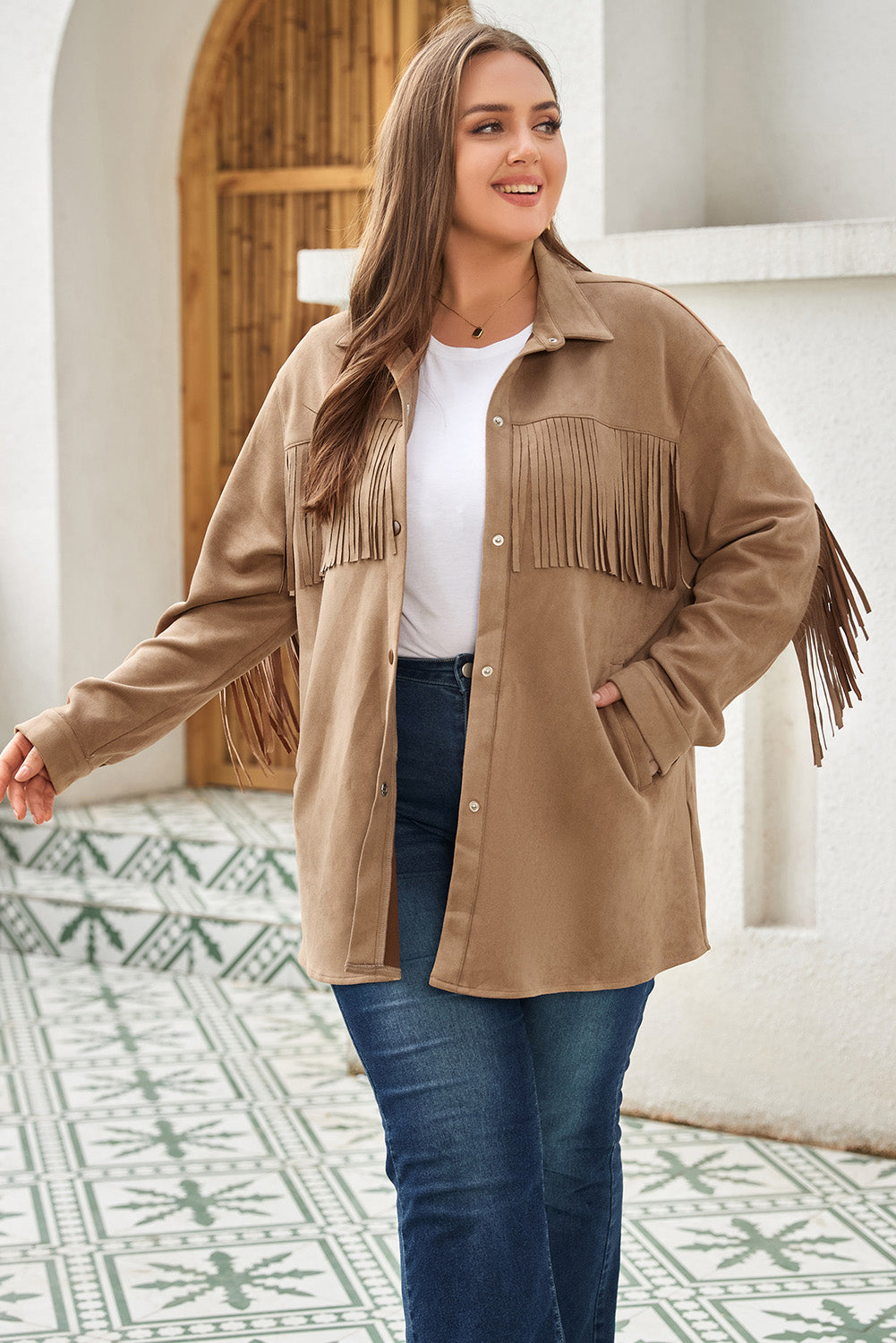 White Fringe Trim Plus Size Suede Shacket