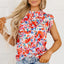 Red Frilled Neck Pleated Boho Floral Tank Top