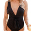 Black Deep V Neck Tie Waist One-piece Swimsuit