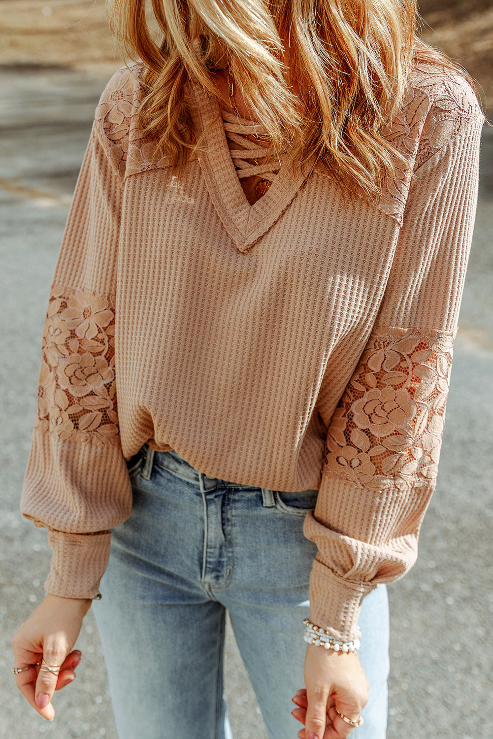 Pink Lace Waffle Patchwork Strappy V Neck Long Sleeve Top