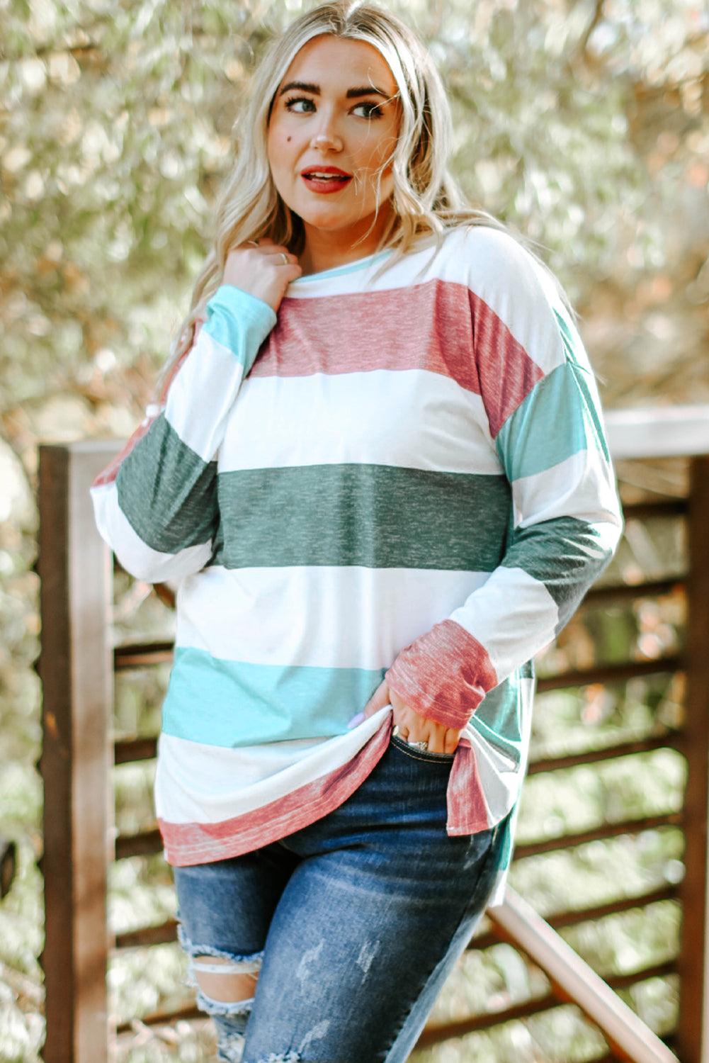 Pink Stripe Plus Size Colorblock Pullover Top