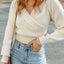 Beige Ribbed Long Sleeve Surplice Crop Sweater