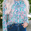 Green Floral Pleated Round Neck Long Sleeve Blouse