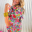 Multicolour Plus Size Floral Print Ruffle V Neck Bubble Sleeve Blouse