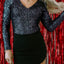 Black Sequin V Neck Zipped Long Sleeve Bodysuit