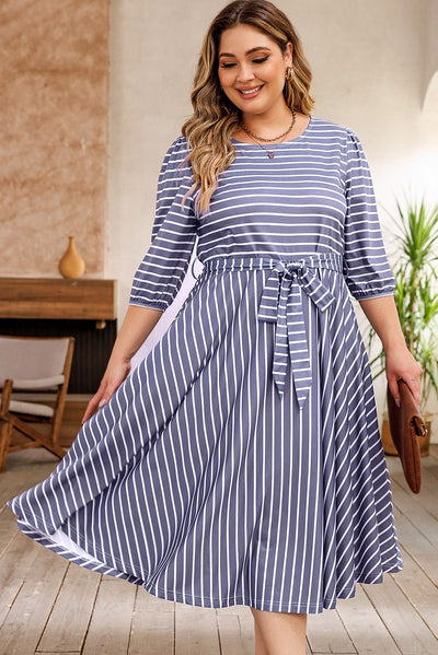 Gray Striped Tie Waist 3/4 Sleeve Plus Size Dress