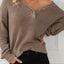 Khaki Pointelle Knit Button V Neck Drop Shoulder Sweater