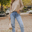 Light French Beige Lace Patch Sleeve Waffle Knit Top