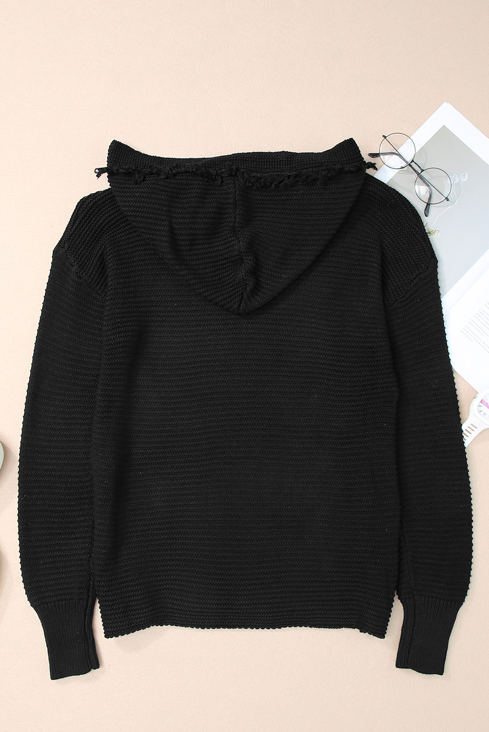 V Neck Ribbed Drop Shoulder Hooded Sweater