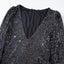 Black Sequin V Neck Zipped Long Sleeve Bodysuit