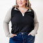 Black Color Contrast Waffle Knit Buttoned Plus Size Top