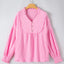 Pink Retro Frilled Seam Crinkle Puff Sleeve Blouse