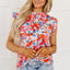 Red Frilled Neck Pleated Boho Floral Tank Top