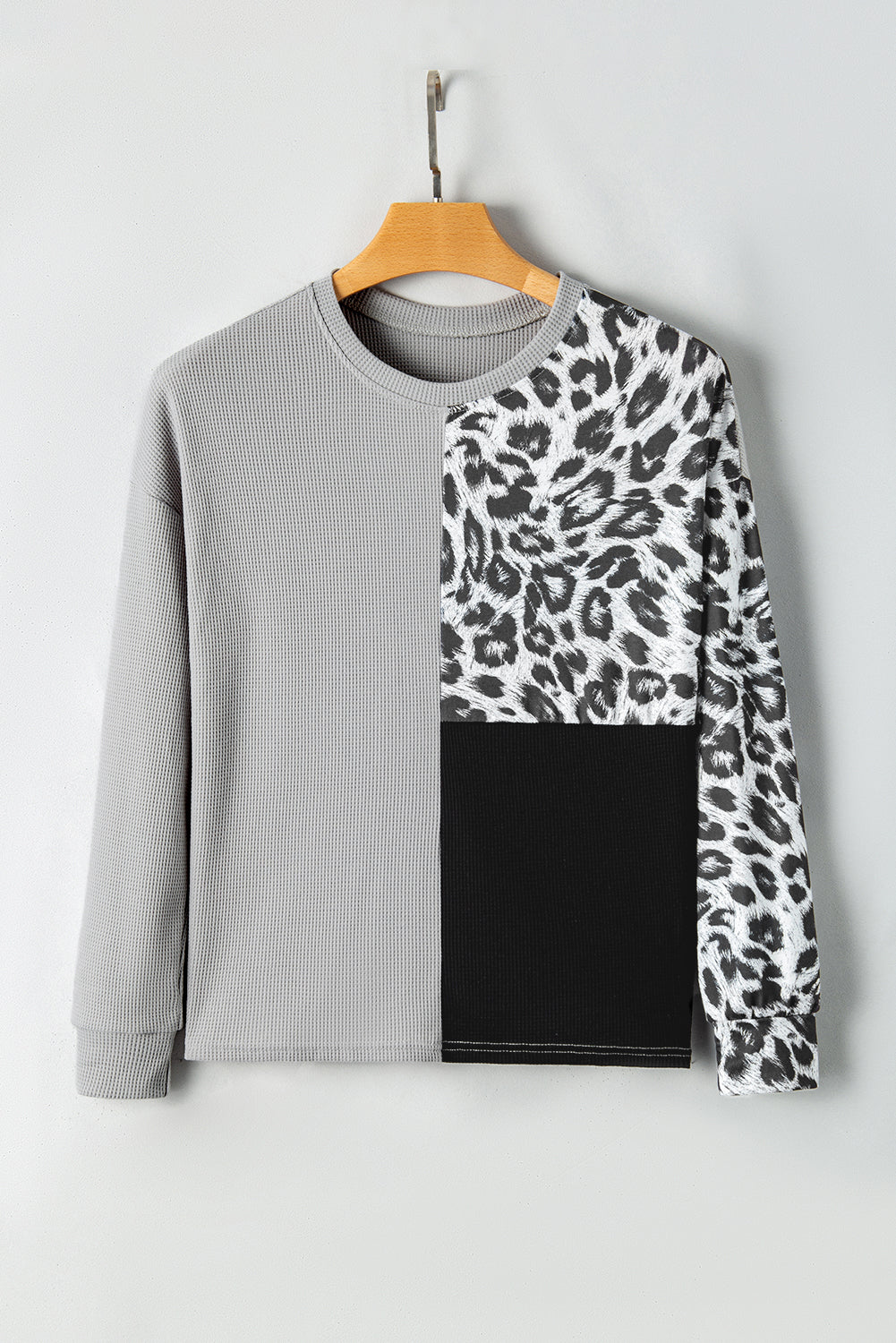 Pale Khaki Leopard Colorblock Waffle Knit Top