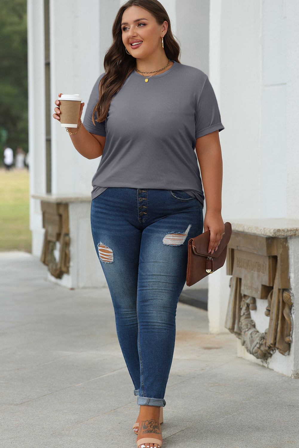 Black Casual Plain Crew Neck Tee