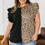 Black Leopard Contrast Block Flutter Sleeve Plus Size Top