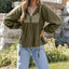 Green Embroidered Split Neck Pleated Loose Blouse