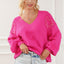 Rose Red Pearl Embellished Fuzzy Hearts V Neck Sweater