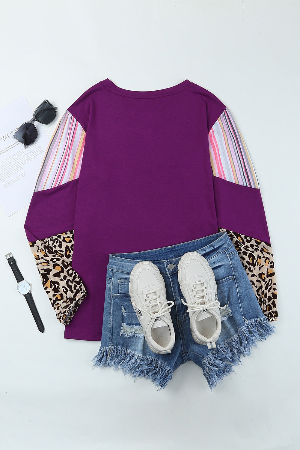 Purple Leopard Striped Color Block Plus Size Top