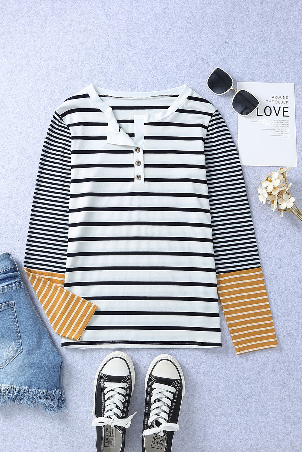 Long Sleeve Stripe Button Henley Top