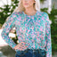 Green Floral Pleated Round Neck Long Sleeve Blouse