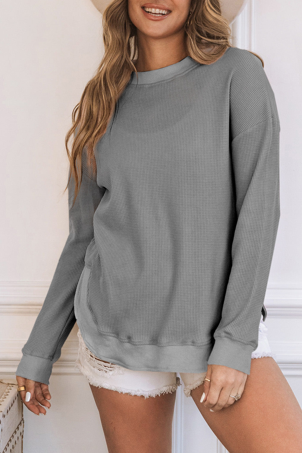 Black Crew Neck Ribbed Trim Waffle Knit Top