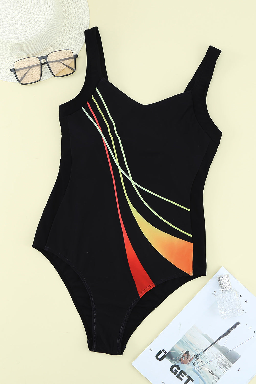 Black Striped Pattern Print Sleeveless One Piece Swimsuit