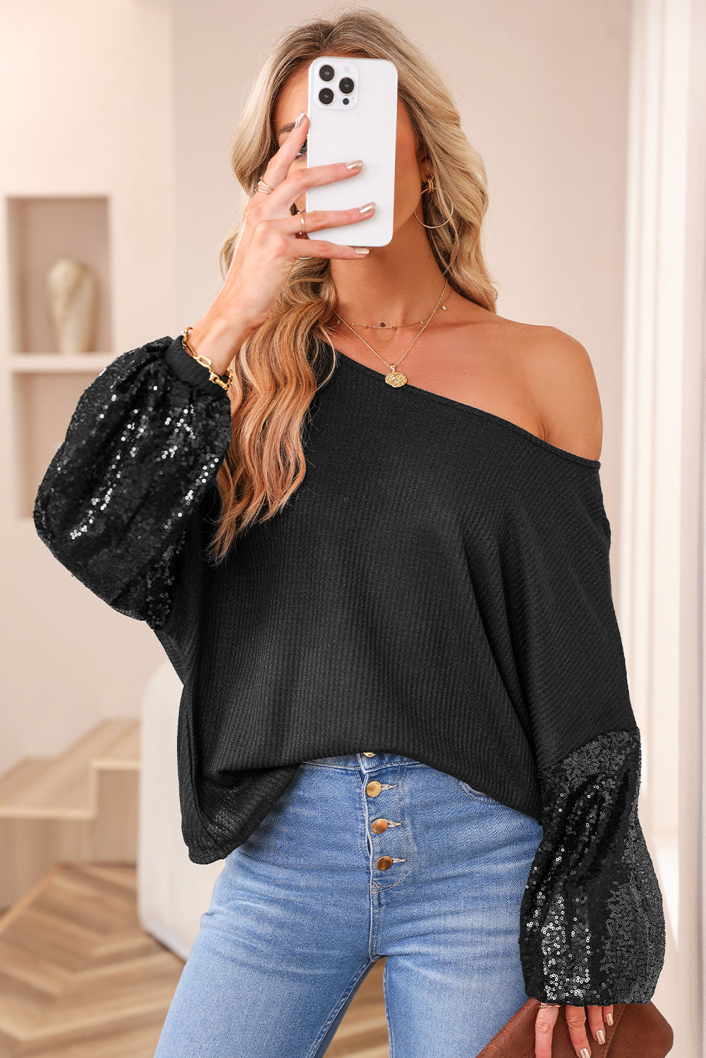 Apricot Sequin Patchwork Sleeve Open Back Waffle Knit Top