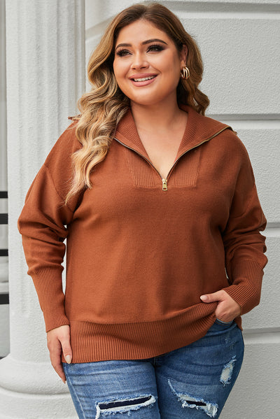 Rose Solid Ribbed Trim Plus Size Zip Collar Sweater