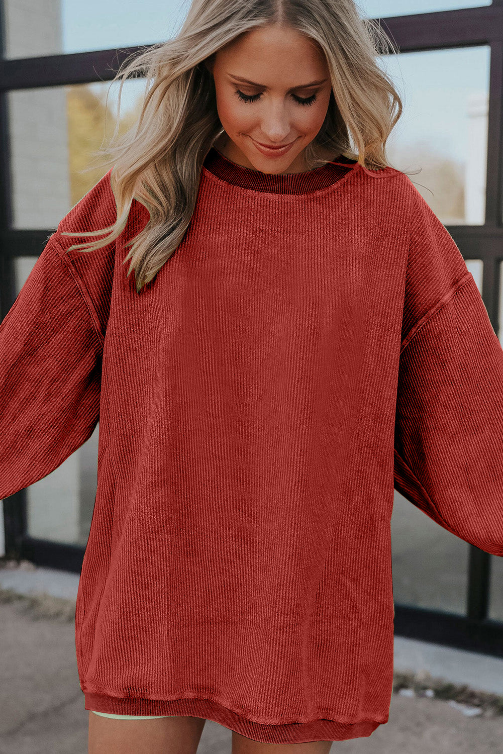 Apricot Ribbed Corded Oversized Sweatshirt