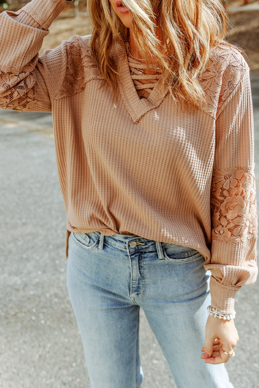 Pink Lace Waffle Patchwork Strappy V Neck Long Sleeve Top