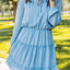 Light Blue V Neck Long Sleeve Ruffle Tiered Mini Dress