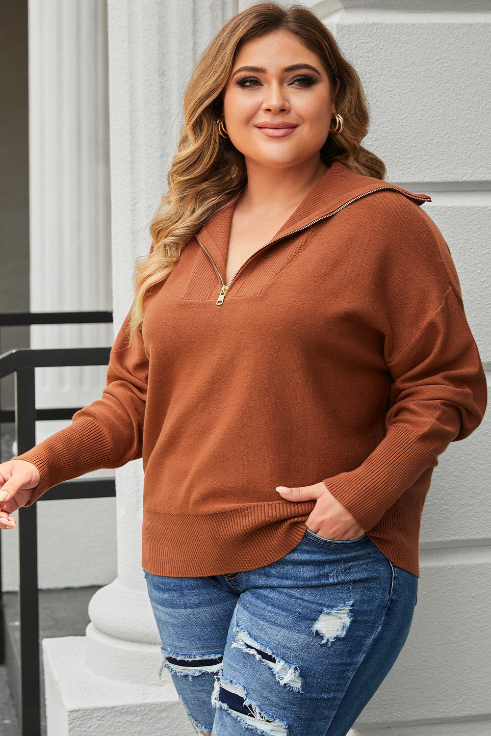 Rose Solid Ribbed Trim Plus Size Zip Collar Sweater