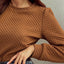 Brown Solid Color Quilted Puff Sleeve Pullover Sweatshirt